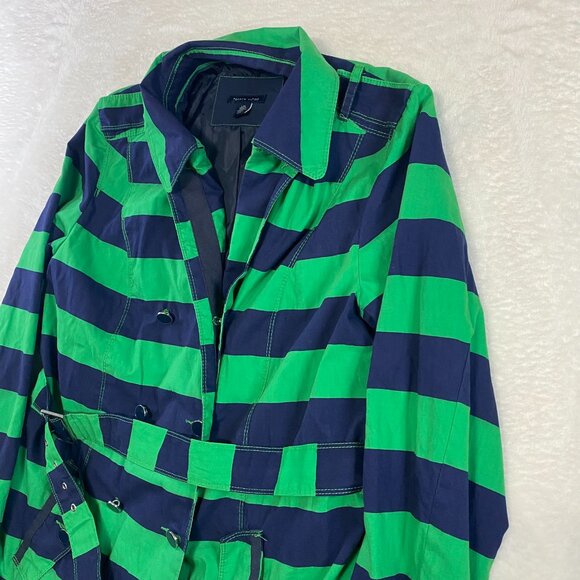 Tommy Hilfiger Belted Rain Trench Coat Jacket Green Blue Color Block Striped - Picture 2 of 10